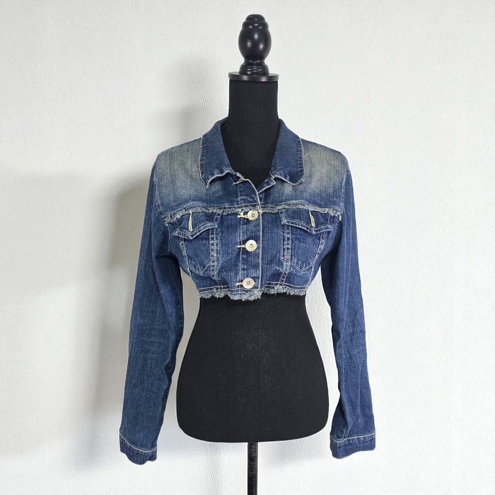 Y2K Cropped Denim Jacket | AB Jeans Size L Raw Hem Streetwear